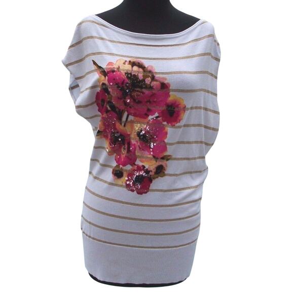 Cache Ivory White Top Stretch Banded Bottom Ruched Shoulder Embellished $108 NWT - Picture 2 of 3